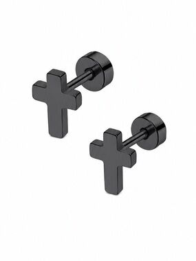 Black Cross Flat Back Stud Earrings 20G Stainless Steel